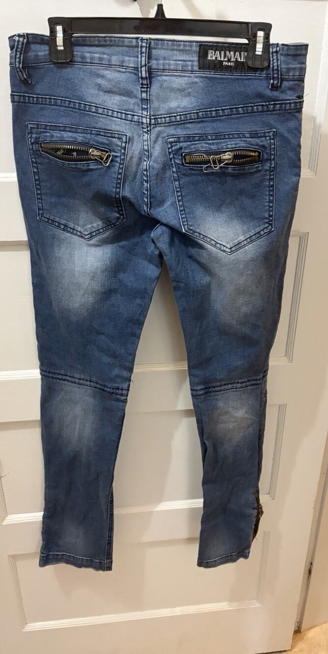 Balmain Paris Biker Slim Fit Ribbed Knee Jeans Mens Actual Size 30 X 31 Zippers